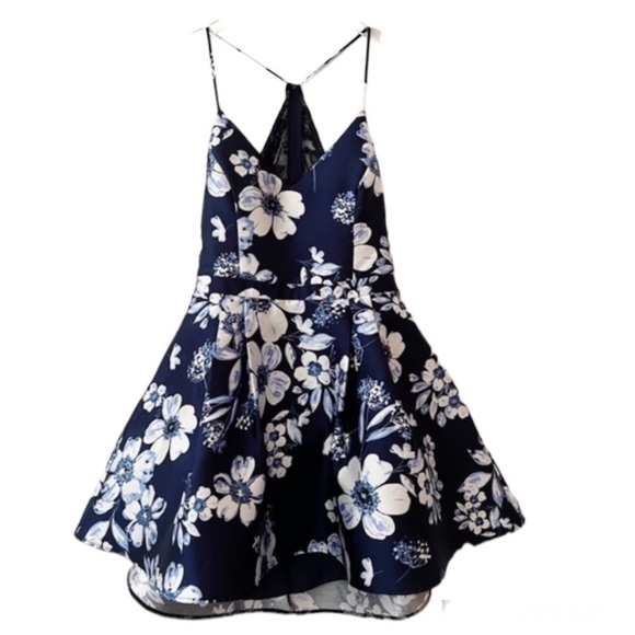 B. Darlin Spaghetti Strap Lace Bra-Back Floral Print Satin Fit-and-Flare Dress - Picture 1 of 10